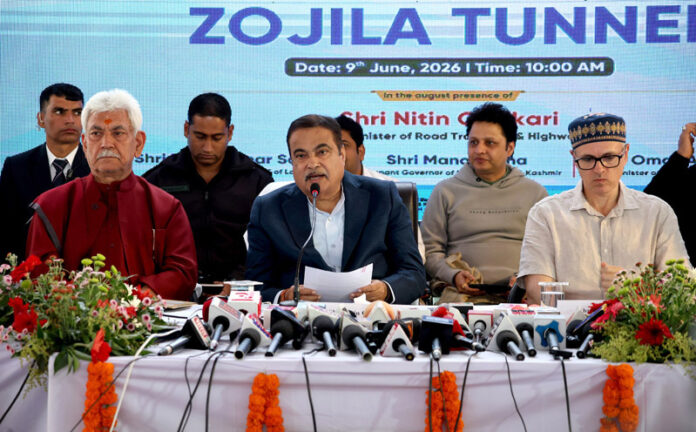 Union Minister Nitin Gadkari, along with Lieutenant Governor Manoj Sinha and Chief Minister Omar Abdullah during a press conference at the Eastern Portal of the Zojila Tunnel on Tuesday. -Excelsior/Shakeel. Union Minister Nitin Gadkari, along with Lieutenant Governor Manoj Sinha and Chief Minister Omar Abdullah during a press conference at the Eastern Portal of the Zojila Tunnel on Tuesday. -Excelsior/Shakeel.