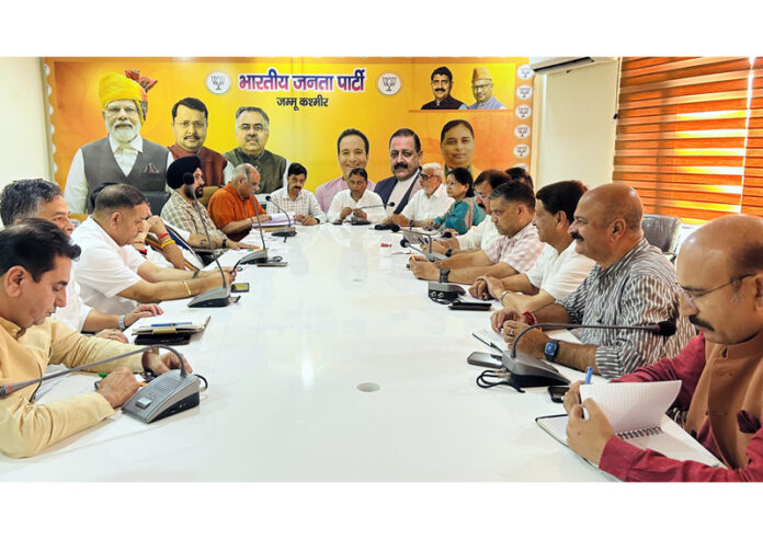 President BJP Sat Sharma chairing party legislators’ meeting at Jammu on Sunday. President BJP Sat Sharma chairing party legislators’ meeting at Jammu on Sunday.
