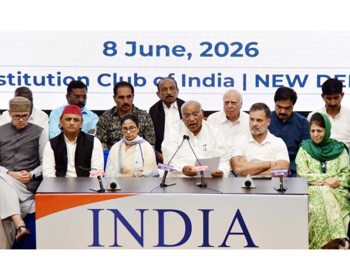 Congress President Mallikarjun Kharge addresses a press conference after the INDIA bloc meeting. (UNI) Congress President Mallikarjun Kharge addresses a press conference after the INDIA bloc meeting. (UNI)