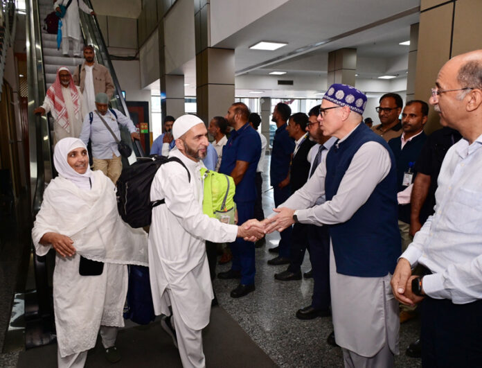 CM Omar Abdullah receiving 1st batch of Hajis at Srinagar airport.