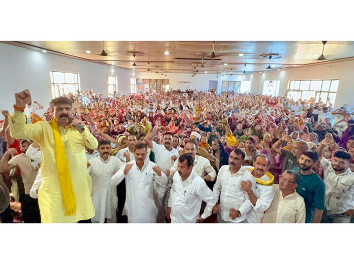 Senior leader Pawan Khajuria addressing a massive gathering at Dhema Rapper on Tuesday. Senior leader Pawan Khajuria addressing a massive gathering at Dhema Rapper on Tuesday.