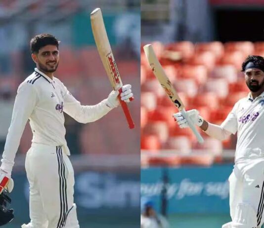 Shubman Gill (L) and KL Rahul (R) raising their bats after scoring centuries against Afghanistan in 1st Test match at Mullanpur.