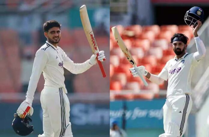 Shubman Gill (L) and KL Rahul (R) raising their bats after scoring centuries against Afghanistan in 1st Test match at Mullanpur. Shubman Gill (L) and KL Rahul (R) raising their bats after scoring centuries against Afghanistan in 1st Test match at Mullanpur.
