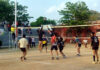 Players in action during a Volleyball match in Udhampur.