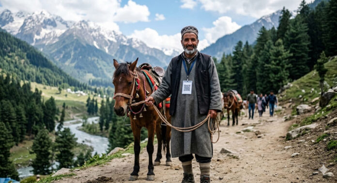 A service provider with his horse at Amarnath Yatra route as Police launches an App to enhance security of the visiting pilgrims.