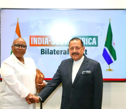 South Africa Minister of Science, Technology and Innovation, Dr Nomalungelo Gina, calling on Union Minister Dr Jitendra Singh at New Delhi.
