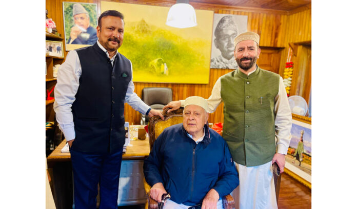 NC MP Sajjad Kichloo and MLA Surankote Choudhary Muhammad Akram meeting with Dr Farooq Abdullah at party headquarters in Srinagar.