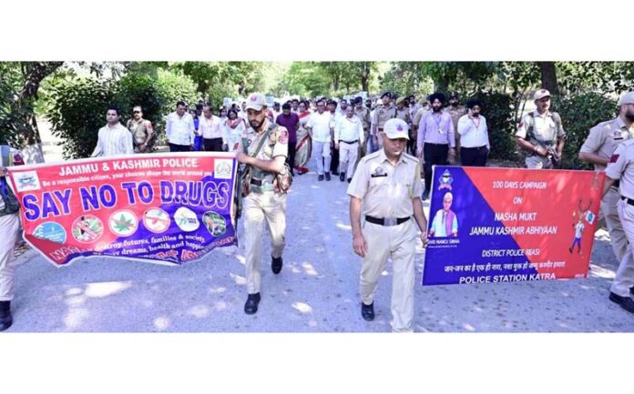 Anti-drugs awareness rally being taken out by SMVD Shrine Board at Katra on Friday. Anti-drugs awareness rally being taken out by SMVD Shrine Board at Katra on Friday.