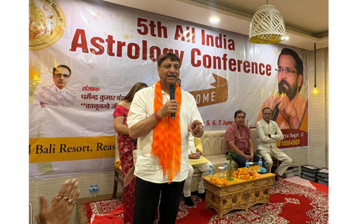 MLA Mata Vaishno Devi, constituency, Baldev Raj Sharma addressing All India Astrology Conference at Katra on Sunday.