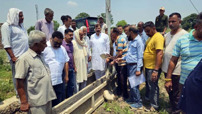 MLA Jammu West, Arvind Gupta laying foundation stone of Field Channel Extension Project at Pouni Chak on Thursday. MLA Jammu West, Arvind Gupta laying foundation stone of Field Channel Extension Project at Pouni Chak on Thursday.